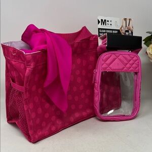 THIRTY-ONE HOT PINK POLKA DOT BAG BUNDLE CLEAR TRAVEL CROSSBODY AND SILK SCARF